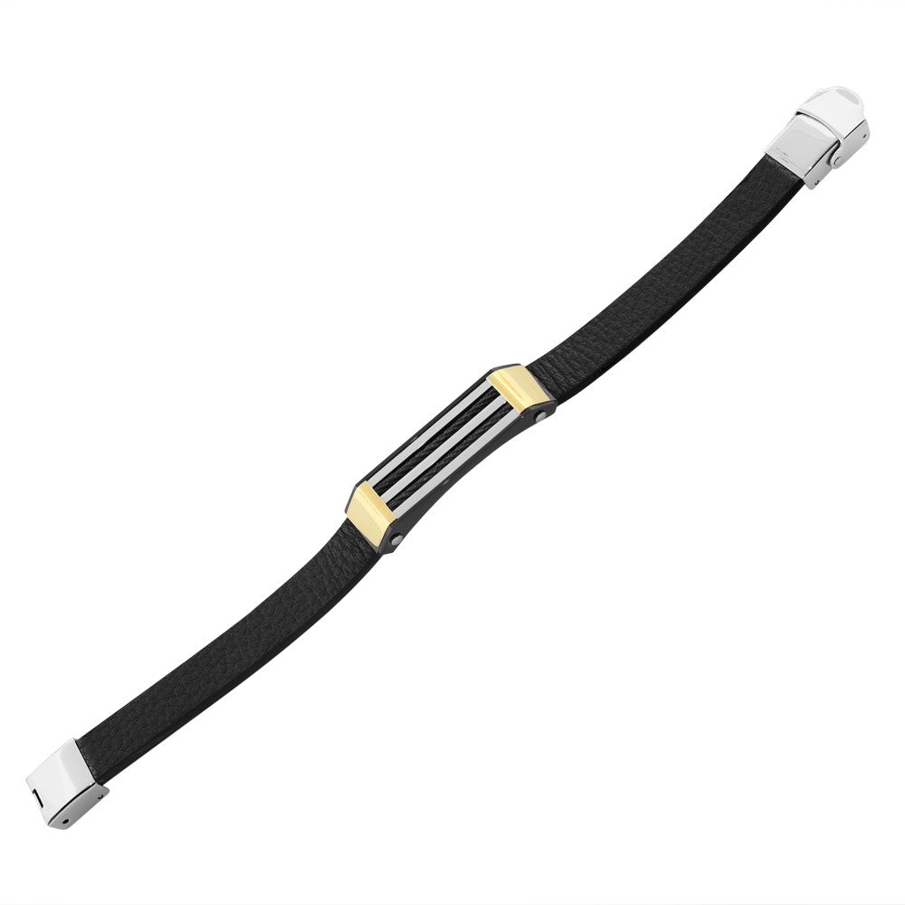 Stainless Steel Black Leather Two-Tone Twisted Cable Rope Men's Bracelet