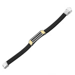 Stainless Steel Black Leather Two-Tone Twisted Cable Rope Men's Bracelet