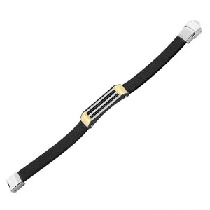 Stainless Steel Black Leather Two-Tone Twisted Cable Rope Men's Bracelet