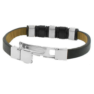 Stainless Steel Black Leather Silver-Tone Men's Bracelet