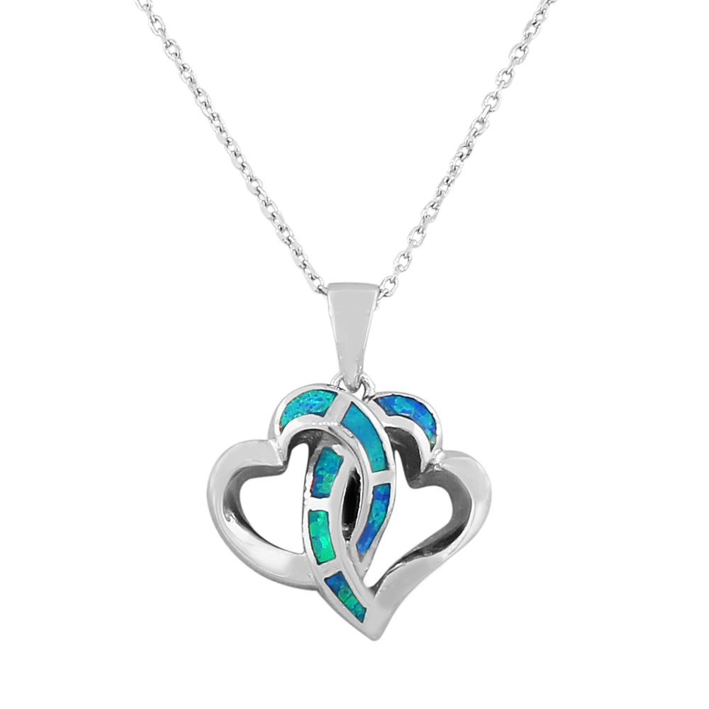 Inlay Opal Intertwined Heart Necklace Pendant Sterling Silver