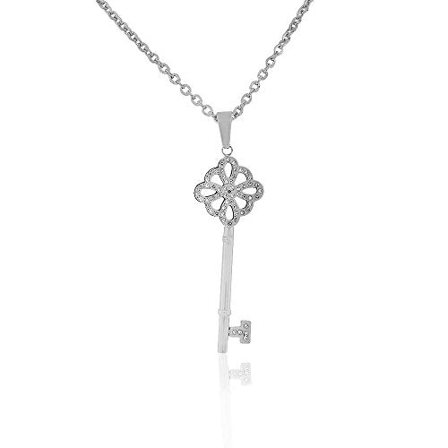 Stainless Steel Silver Clear CZ Large Statement Key Pendant Necklace
