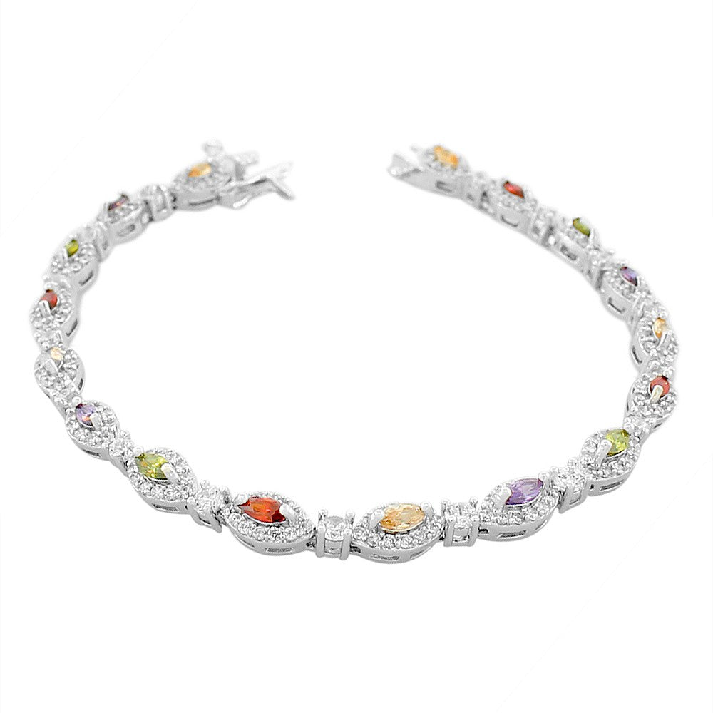 925 Sterling Silver Marquise White Sapphire Blue Multicolor CZ Classic Tennis Bracelet