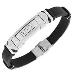 Stainless Steel Black Rubber Silicone Silver-Tone Greek Key Screws Mens Bracelet