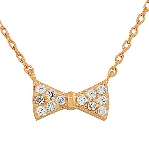 925 Sterling Silver Yellow Gold-Tone Bow Tie Charm CZ Pendant Necklace