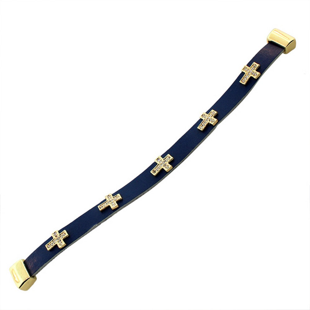 Fashion Alloy Blue Leather Yellow Gold-Tone White CZ Cross Religious Wristband Wrap Bracelet