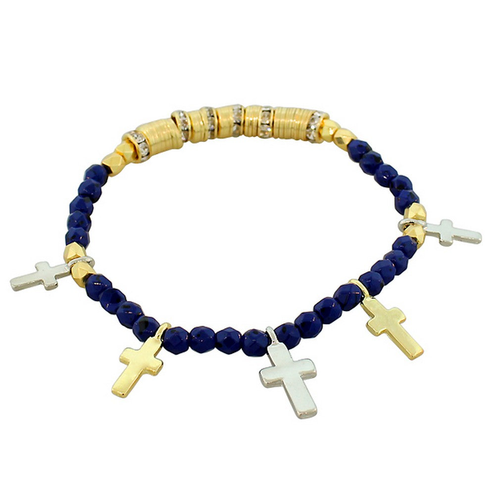 Fashion Alloy Blue Two-Tone Latin Cross Religious Stretch Beaded Bracelet