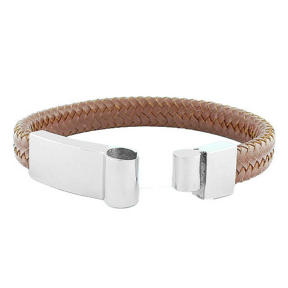 Stainless Steel Brown Leather Braided Men's Bracelet