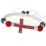 Silver-Tone Cross Red CZ White Cord Macrame Beaded Adjustable Bracelet