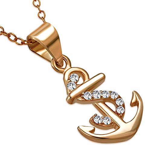 925 Sterling Silver Rose Gold-Tone White Clear CZ Anchor Marine Pendant Necklace
