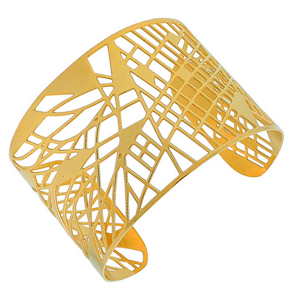 Stainless Steel Yellow Gold-Tone Cut-Out Design Wide Open End Cuff Bangle Bracelet