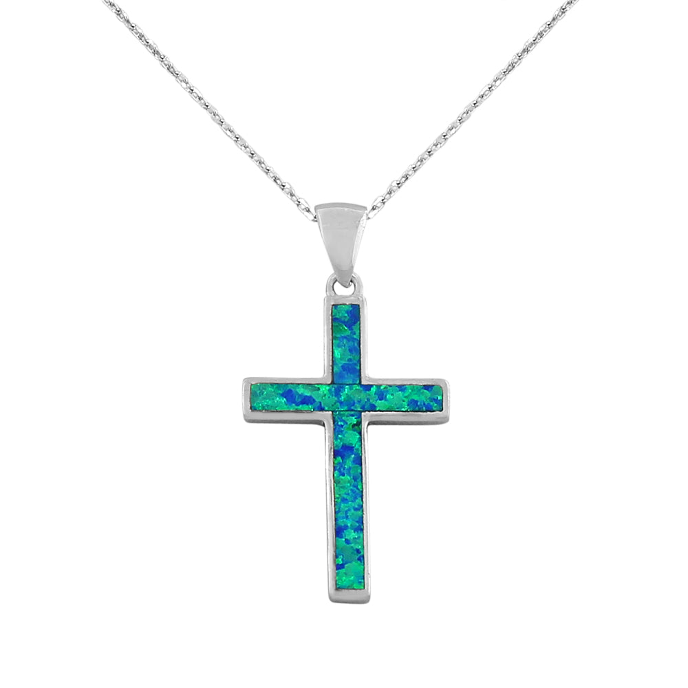 925 Sterling Silver Religious Cross Blue Turquoise-Tone Simulated Opal Pendant Necklace