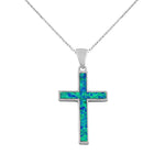925 Sterling Silver Religious Cross Blue Turquoise-Tone Simulated Opal Pendant Necklace