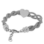 Stainless Steel Silver-Tone Mesh Braided Love Heart Bracelet Necklace Set