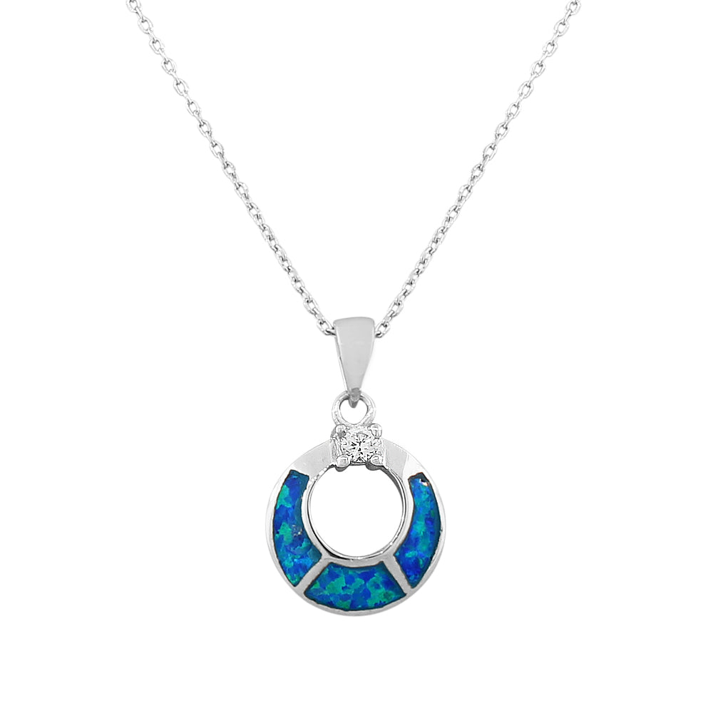 925 Sterling Silver CZ Simulated Opal Circle Pendant