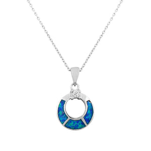 925 Sterling Silver CZ Simulated Opal Circle Pendant