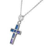 925 Sterling Silver Religious Cross Blue Turquoise-Tone Opal Pendant Necklace