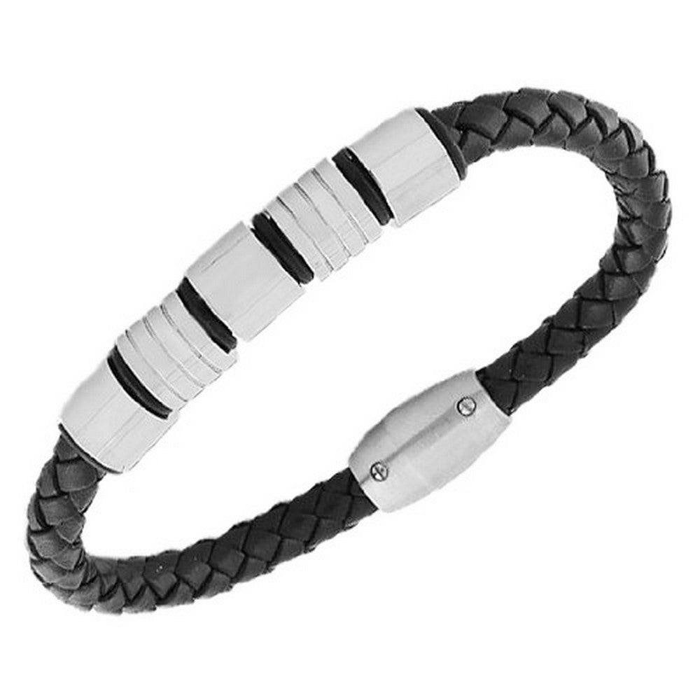 Stainless Steel Black Leather Silver-Tone Men's Bracelet