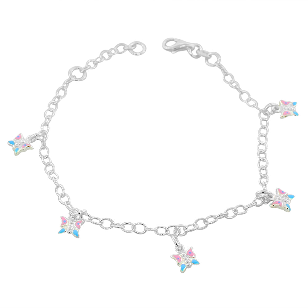 925 Sterling Silver Multicolor Enamel Butterflies Womens Girls Link Chain Bracelet