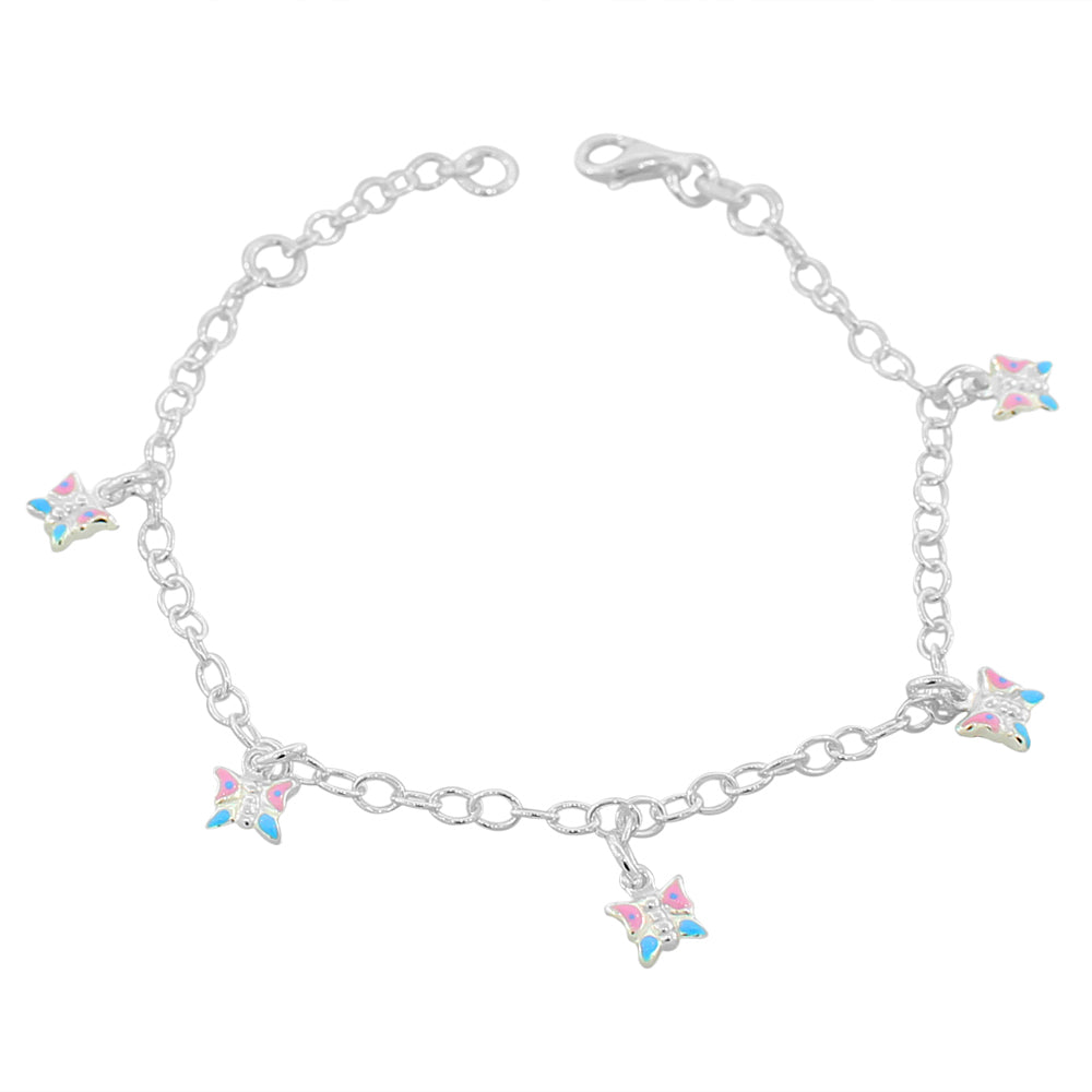 925 Sterling Silver  Enamel Butterflies Kids Charm Bracelet