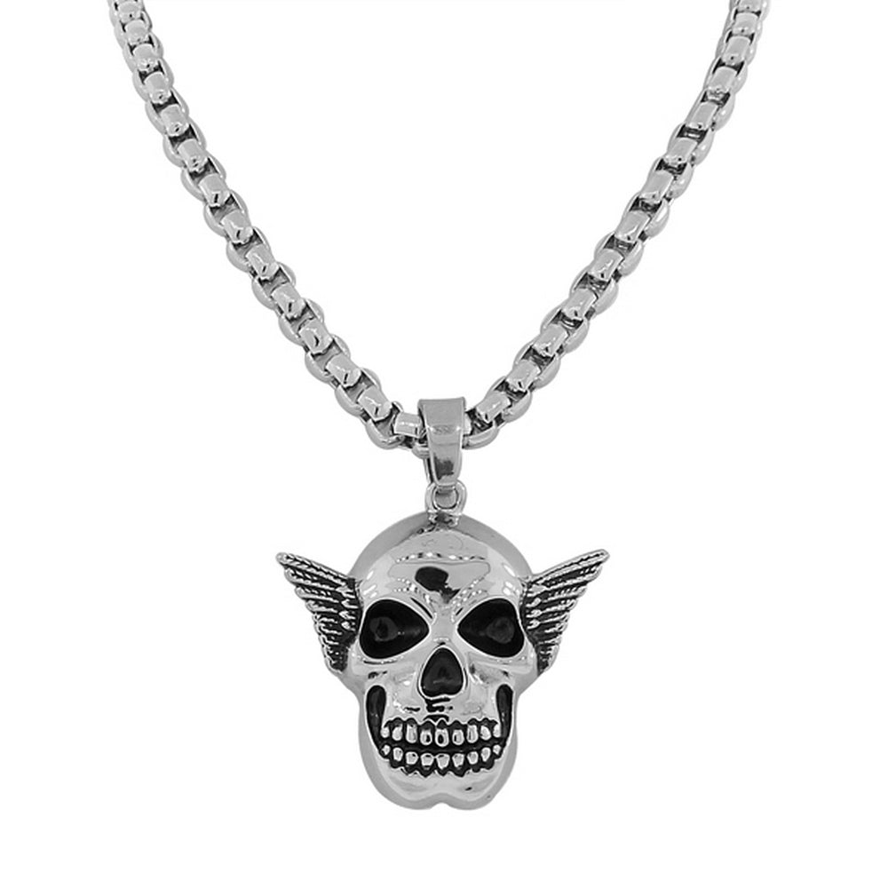 Stainless Steel Silver-Tone Large Mens Link Chain Scull Head Necklace Pendant