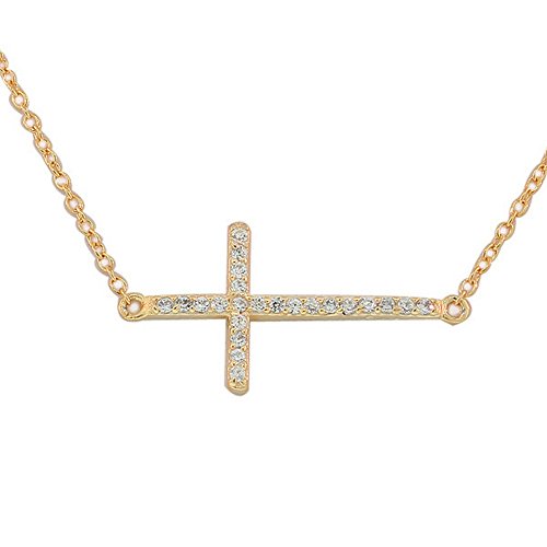 Sterling Two-Tone Sideways Cross White CZ Pendant Necklace