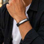 Stainless Steel Black Leather Silver-Tone Men's Bracelet