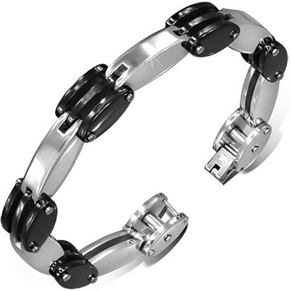 Stainless Steel Silver Black Two-Tone Mens Oval Links Chain Bracelet