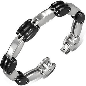 Stainless Steel Silver Black Two-Tone Mens Oval Links Chain Bracelet