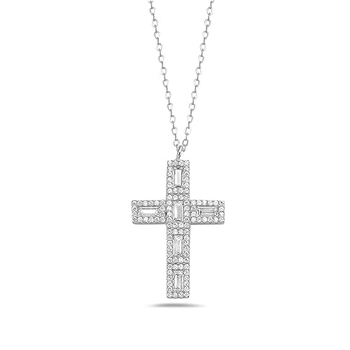 My Daily Styles 925 Sterling Silver Solid Cross Cubic Zirconia Women's or Girls Pendant - Adjustable Chain 16"-18"