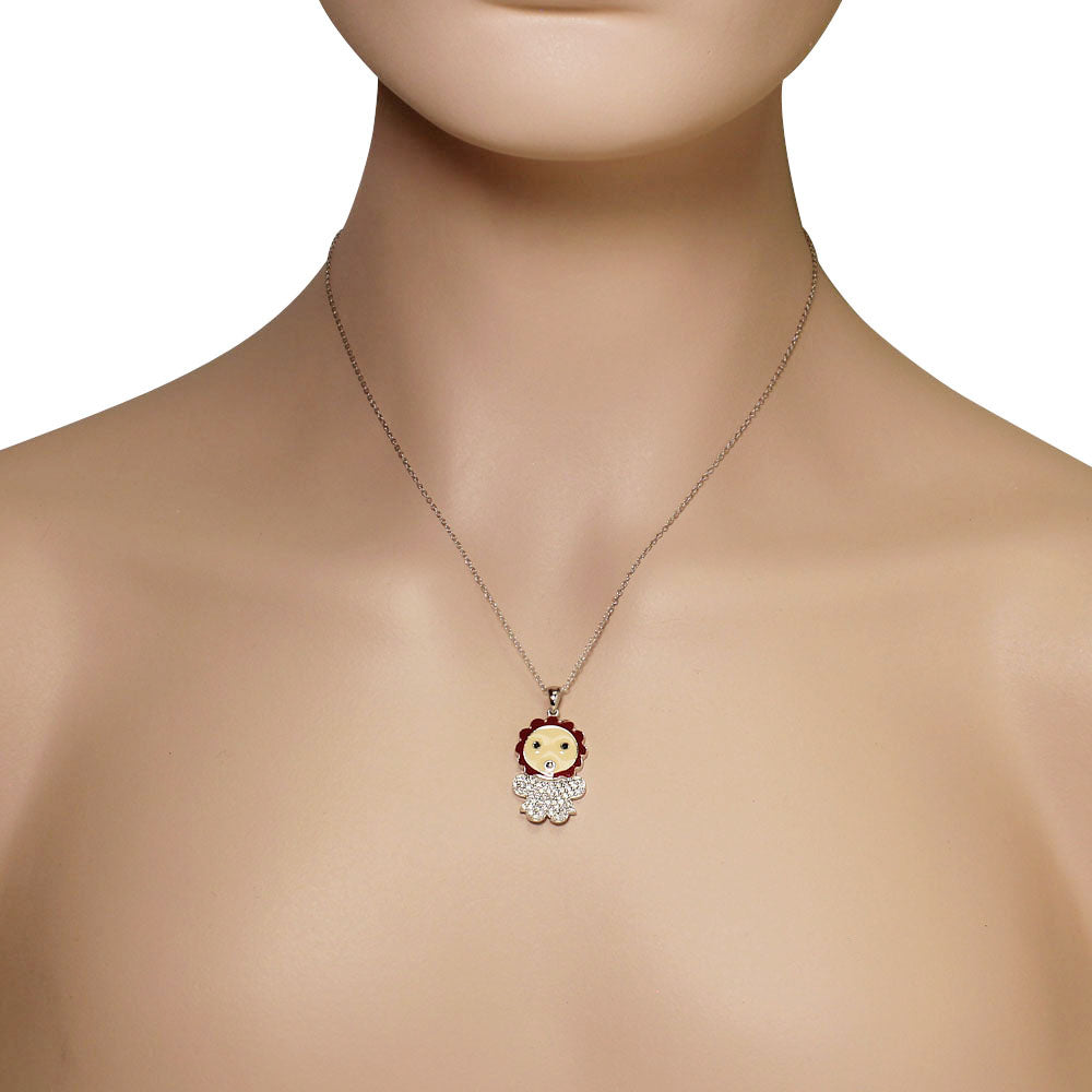 925 Sterling Silver Red Enamel White Clear CZ Baby Girl Pendant Necklace