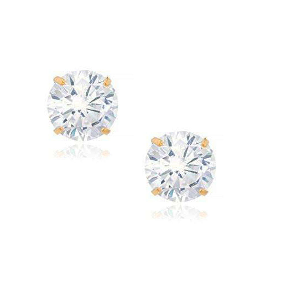 14K Yellow Gold Round White Clear CZ Classic Stud Earrings, 6 MM Diameter