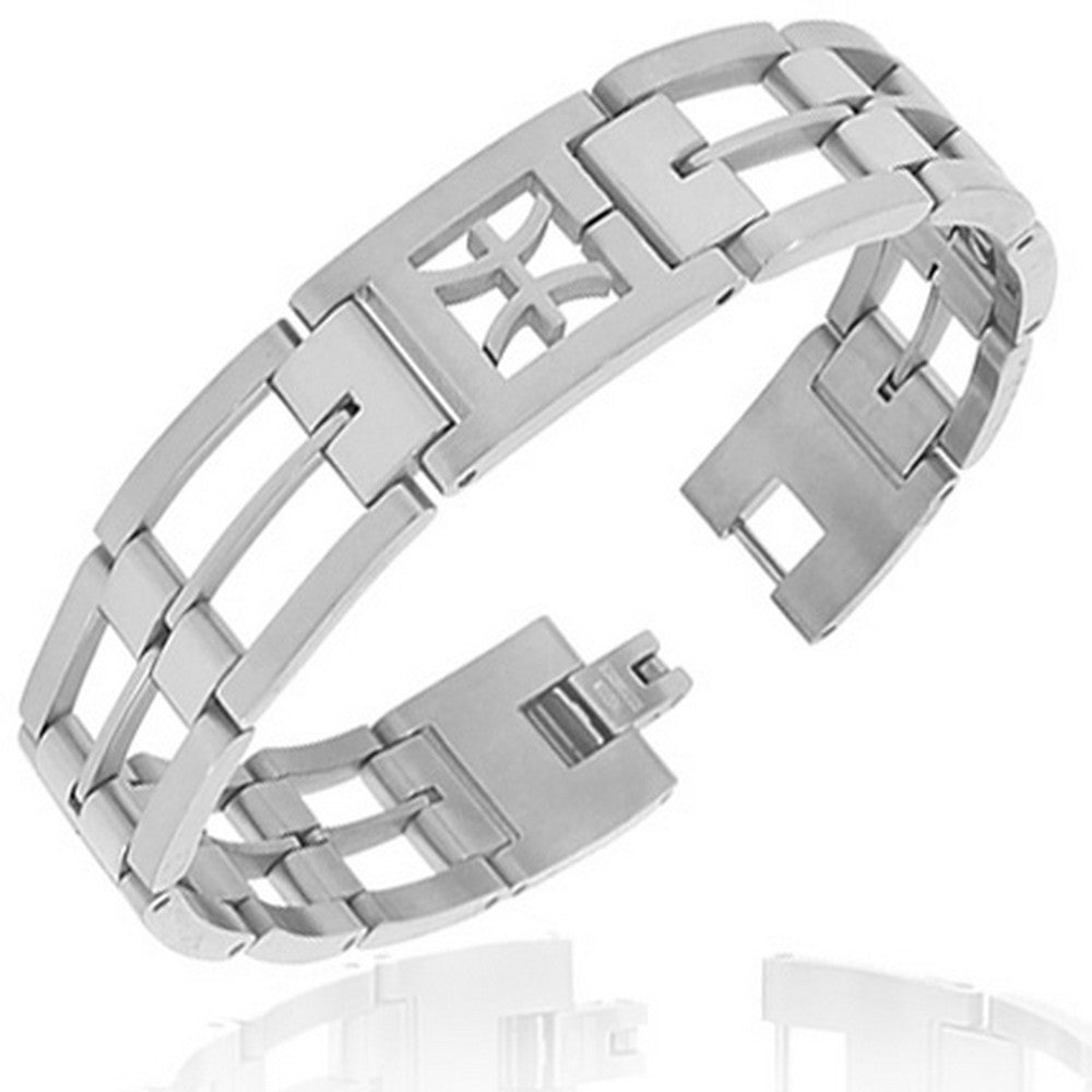 Stainless Steel Silver-Tone Link Chain Zodiac Sign Pisces Mens Bracelet