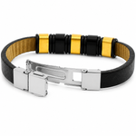 Stainless Steel Black Leather Yellow Gold-Tone Silver-Tone Men's Bracelet