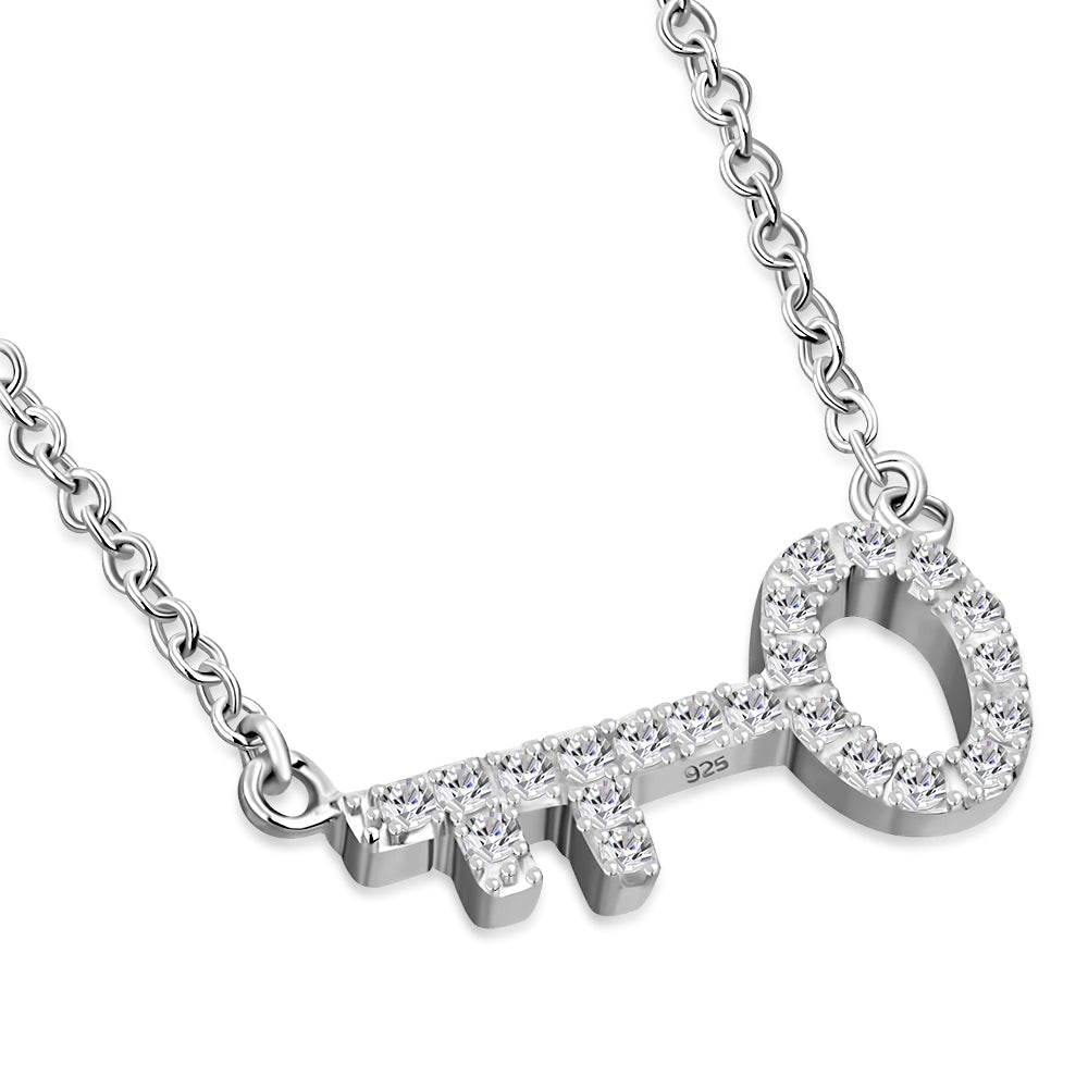 925 Sterling Silver Horizontal Sideways Key White CZ Pendant Necklace