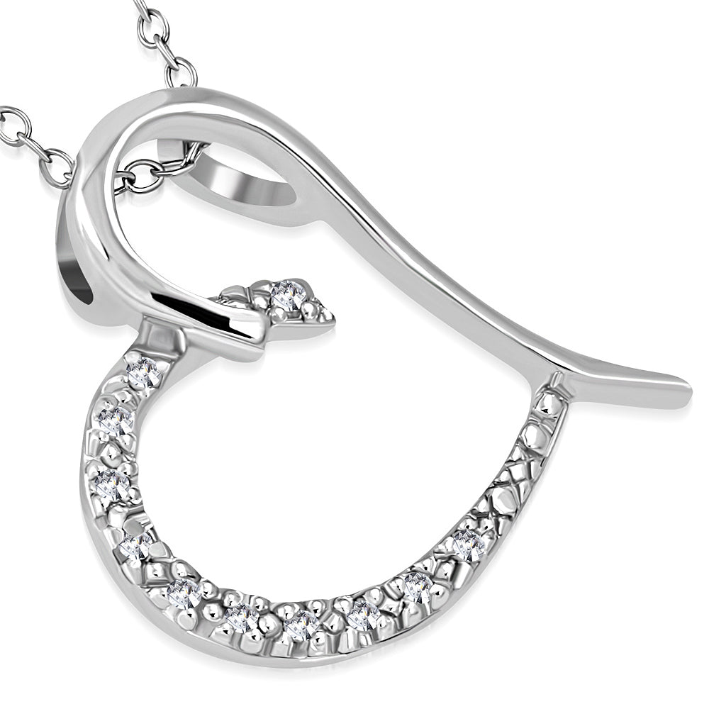 925 Sterling Silver Genuine White Diamond Love Heart Pendant Necklace