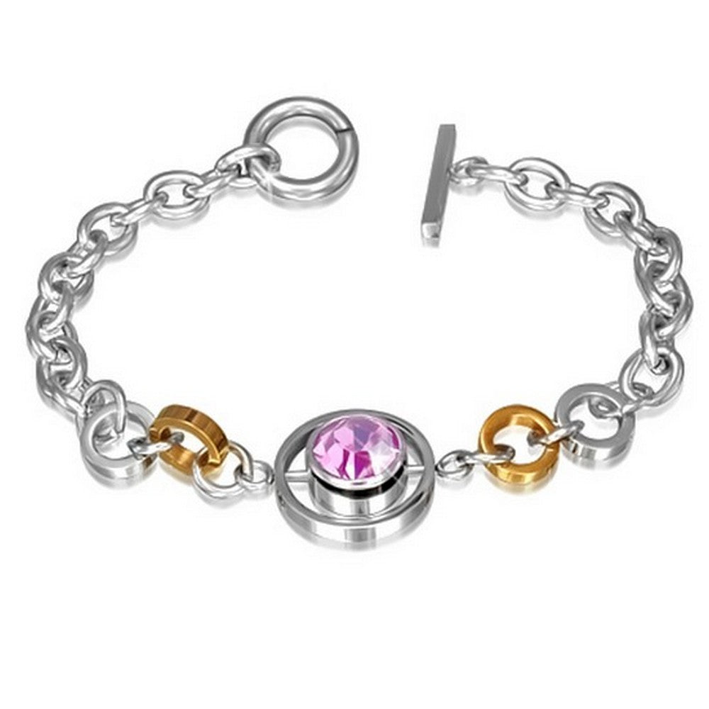 Stainless Steel Two-Tone Pink CZ Link Chain Bracelet