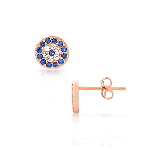 925 Sterling Silver Rose Gold-Tone White Blue CZ Evil Eye Small Womens Girls Stud Earrings