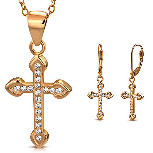 925 Sterling Silver Rose Gold-Tone CZ Religious Cross Pendant Dangle Drop Earrings Set