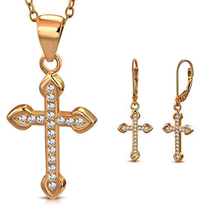 925 Sterling Silver Rose Gold-Tone CZ Religious Cross Pendant Dangle Drop Earrings Set