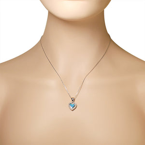 925 Sterling Silver CZ Blue Turquoise-Tone Love Heart Simulated Opal Pendant Necklace