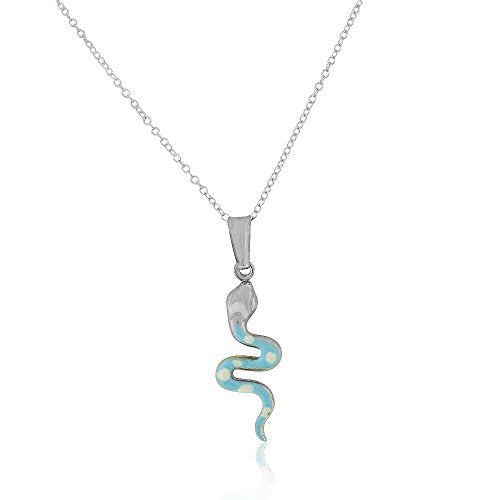 Sterling Silver 3D White Blue Enamel Snake Charm Pendant Necklace