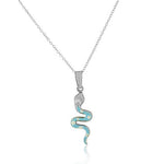 925 Sterling Silver 3D White Blue Enamel Snake Charm Pendant Necklace
