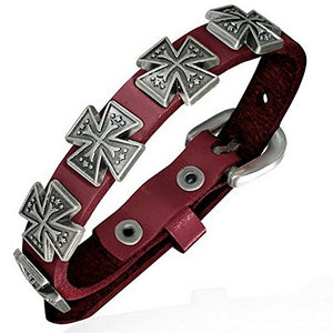 Red Leather Alloy Silver-Tone Cross Links Adjustable Wristband Wrap Bracelet