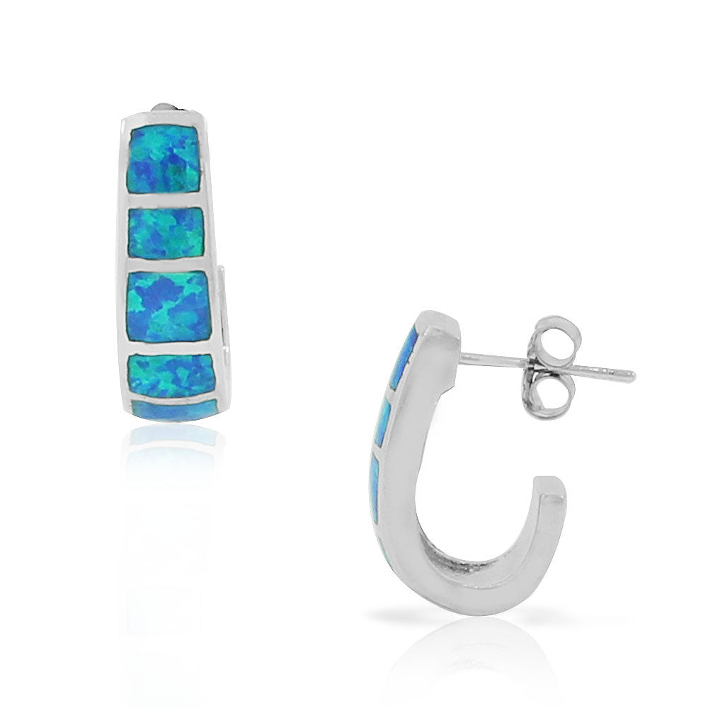 925 Sterling Silver Blue Turquoise-Tone Simulated Simulated Opal Half-Hoop Earrings