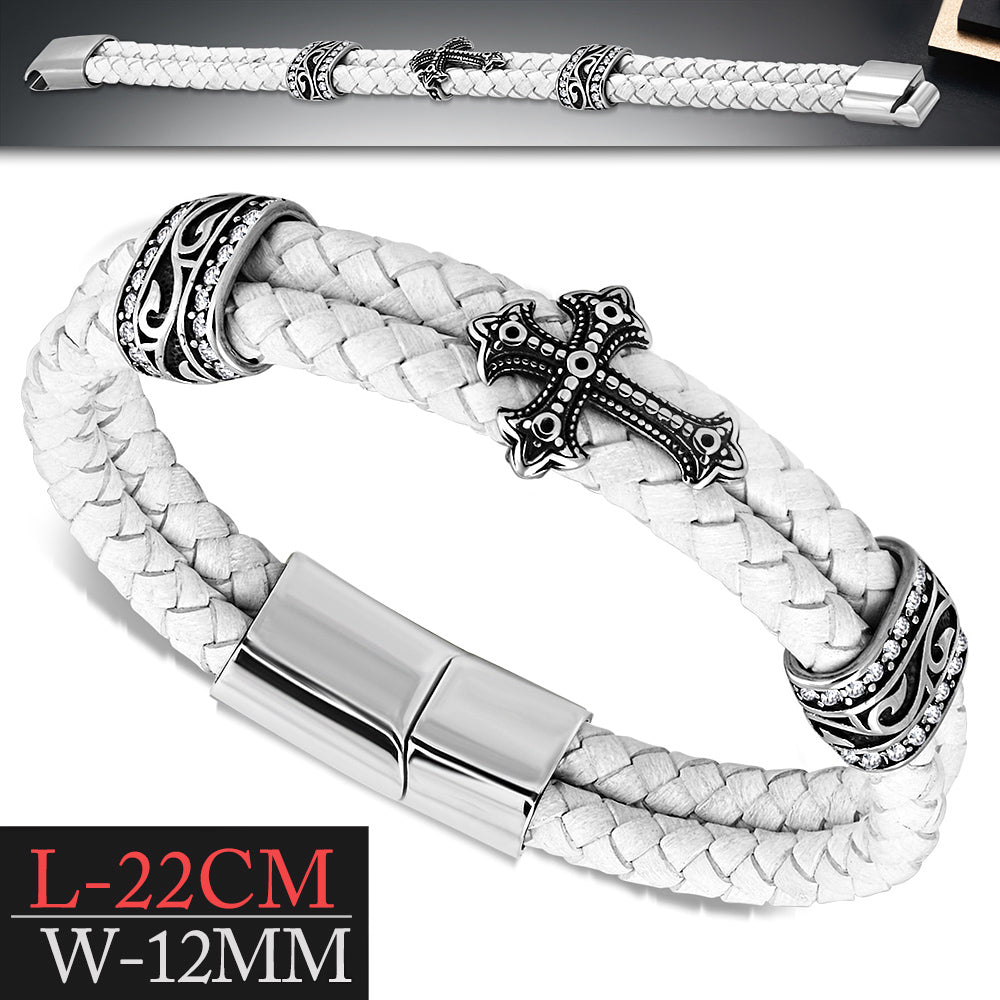 Stainless Steel Silver-Tone Braided Leather CZ Cross Mens Cuff Bracelet, 8.5"