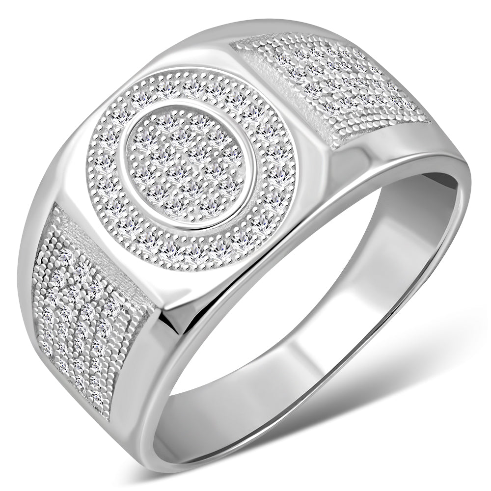 Men's 925 Sterling Silver Round Signet Ring Cubic Zirconia