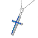 925 Sterling Silver Religious Cross Blue Turquoise-Tone Simulated Simulated Opal Pendant Necklace