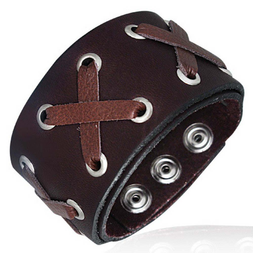 Two-Tone Brown Leather Alloy Snap Wristband Unisex Bracelet