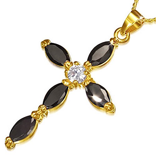 Fashion Alloy Yellow Gold-Tone Religious Cross Red CZ Pendant Necklace